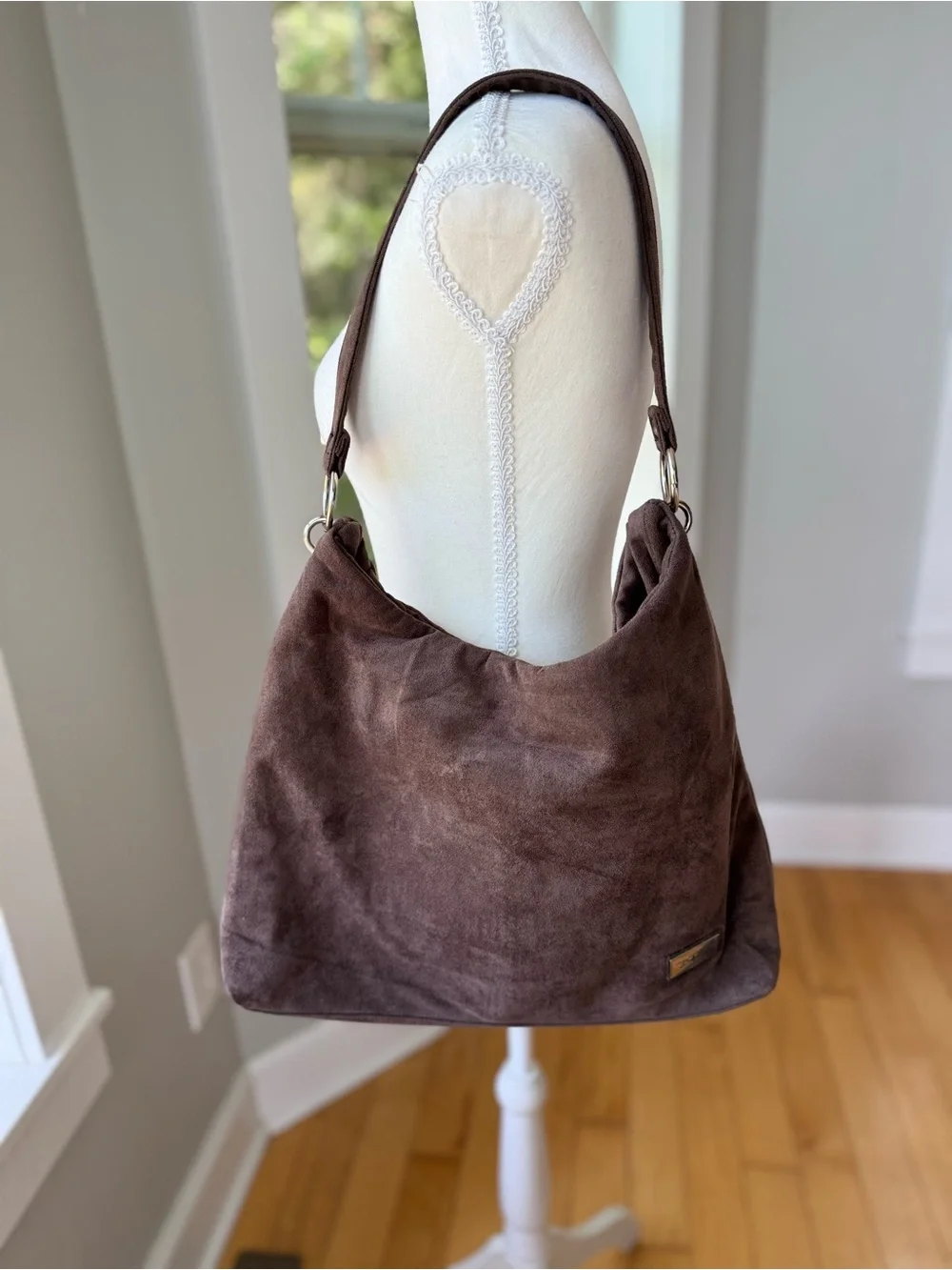 Bella Russo Taupe Brown Faux Suede Hobo Shoulder Bag Silver Accents